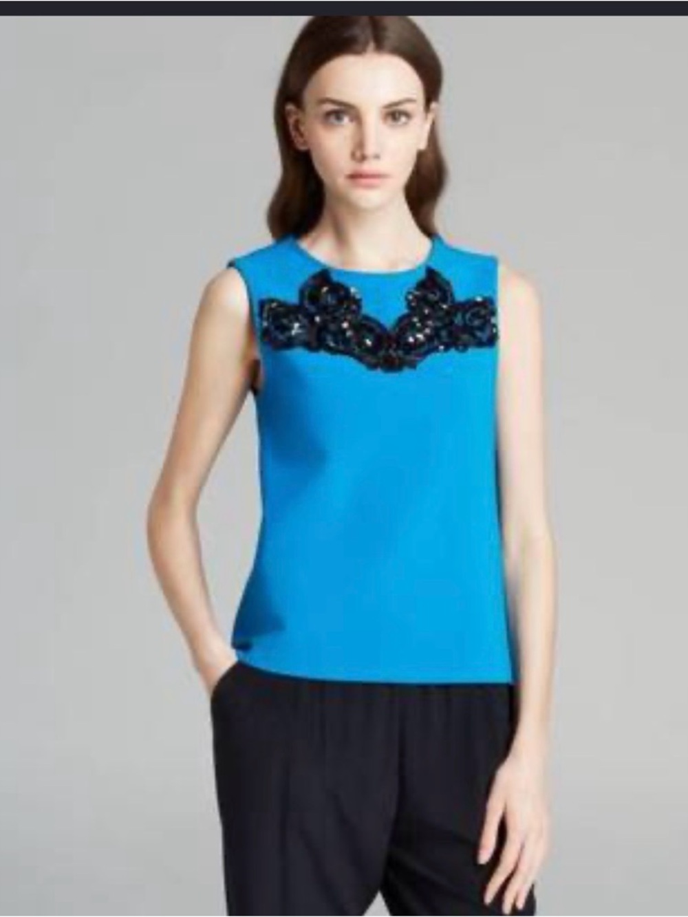 Diane Von Furstenberg Bright Blue Sleeveless Top with Black Beaded Applique